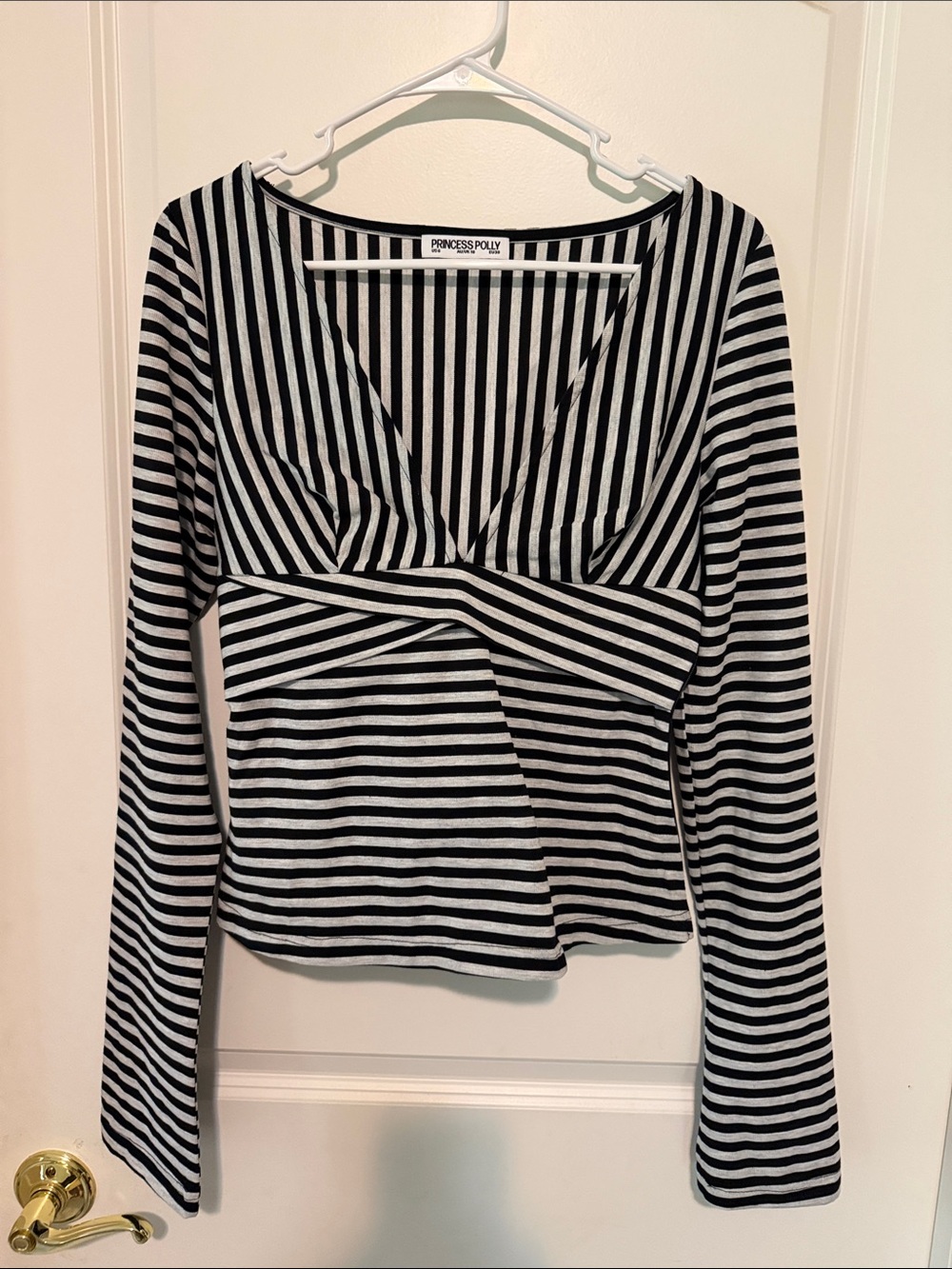 Princess Polly Black & White Striped Wrap-Style Long Sleeve Top